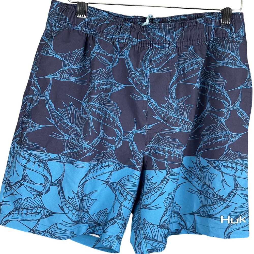 Huk Performance Fishing Board Shorts Mens Small Blue Marlin Print Swim Trunks